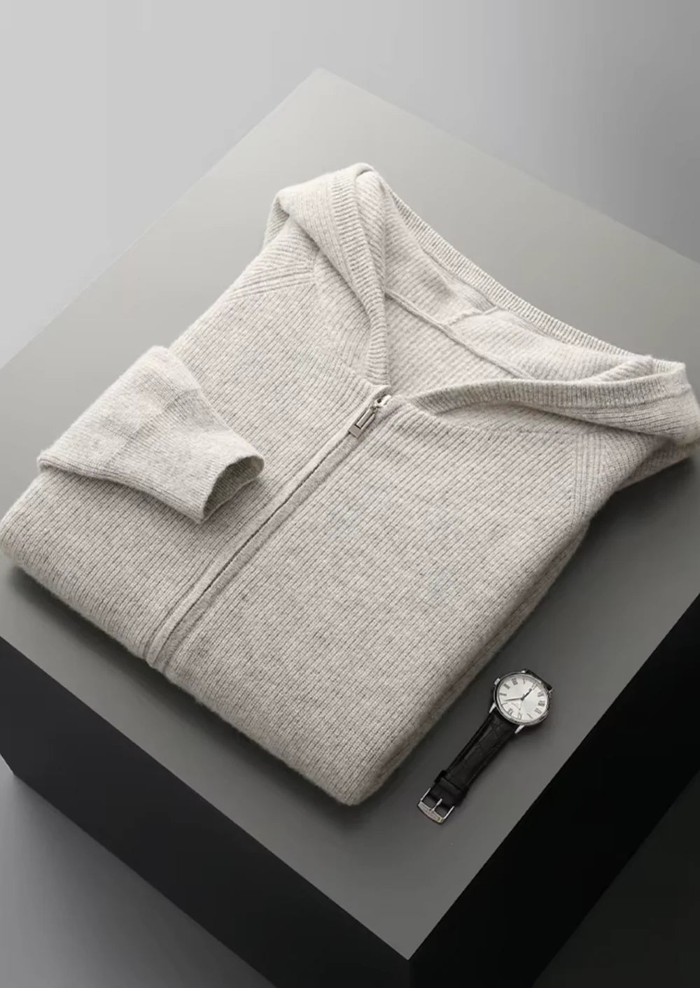 PURE EXTRA-FINE MERINO WOOL RIBBED ZIP HOODIE
