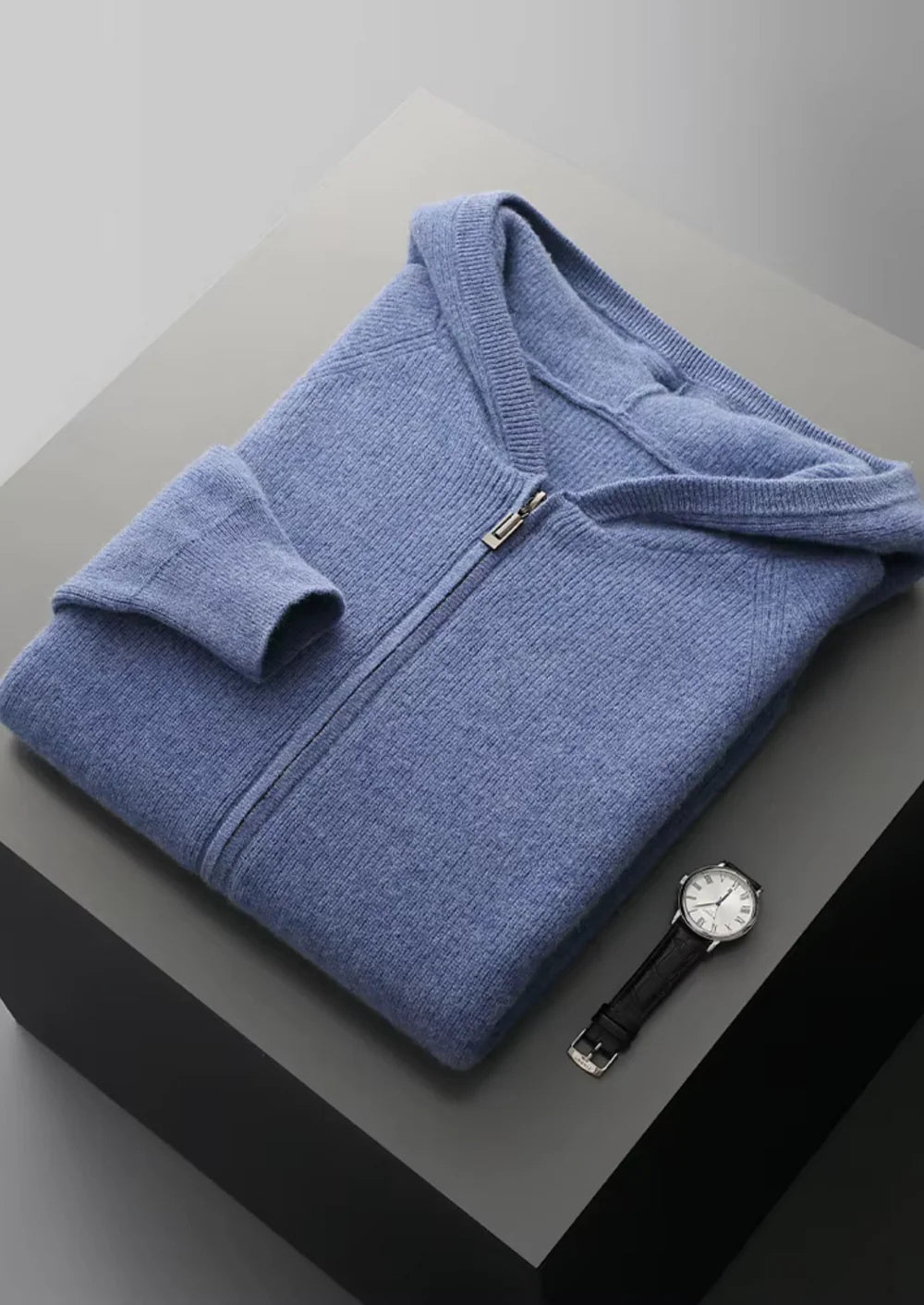 PURE EXTRA-FINE MERINO WOOL RIBBED ZIP HOODIE