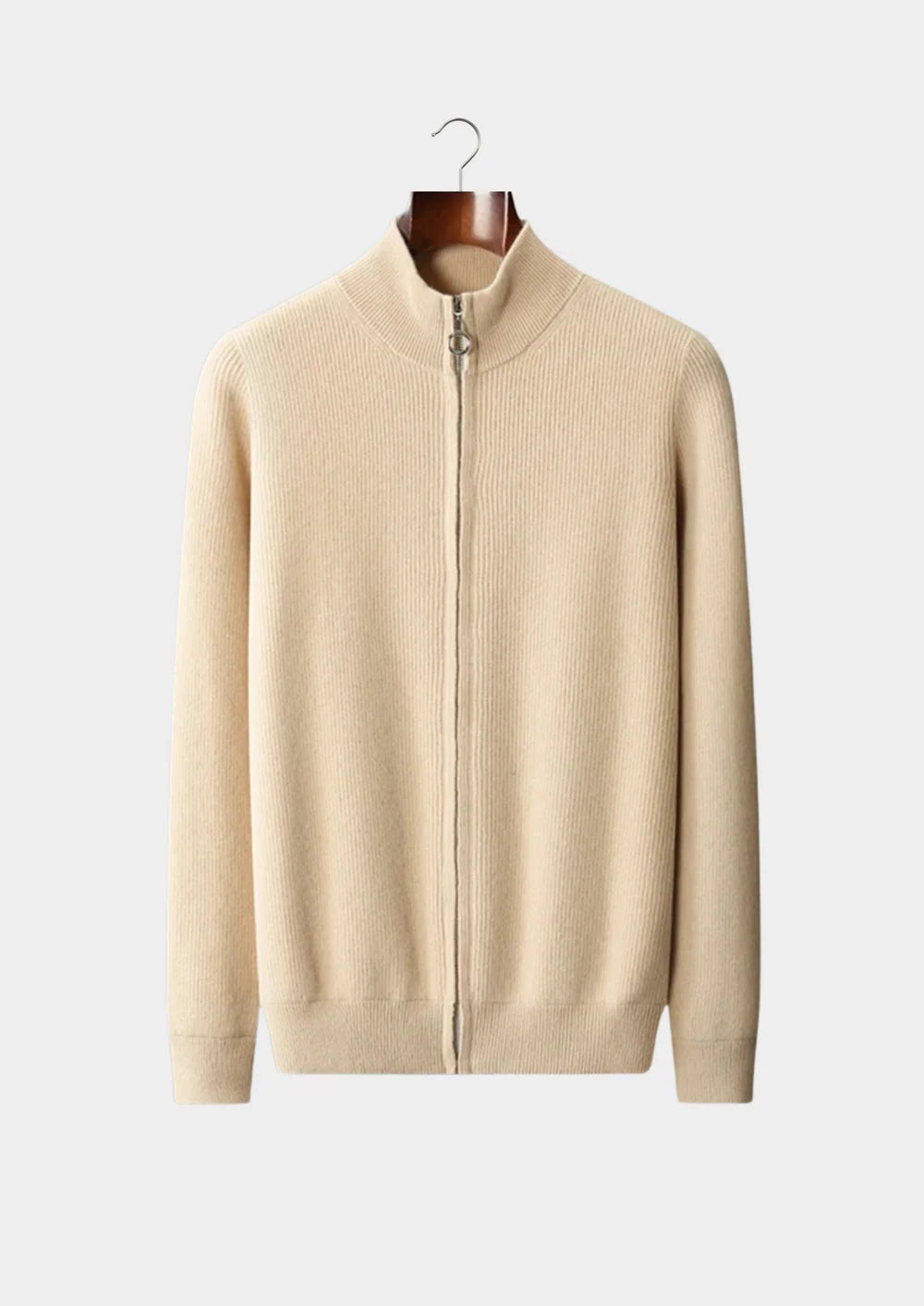 PURE EXTRA-FINE MERINO WOOL RIBBED ZIP CARDIGAN