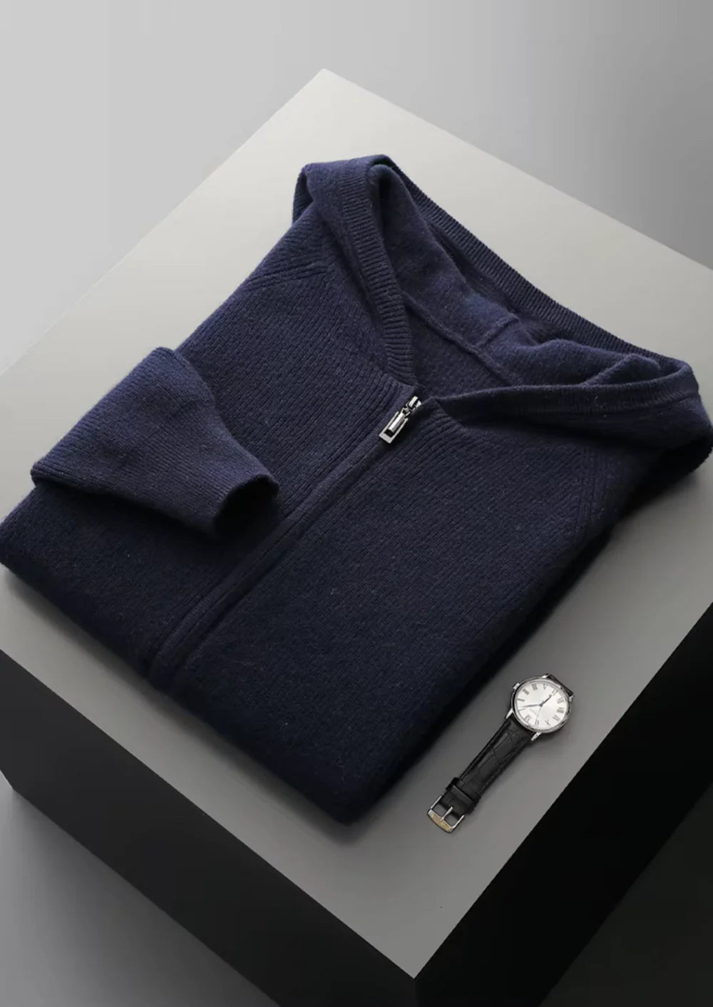 PURE EXTRA-FINE MERINO WOOL RIBBED ZIP HOODIE