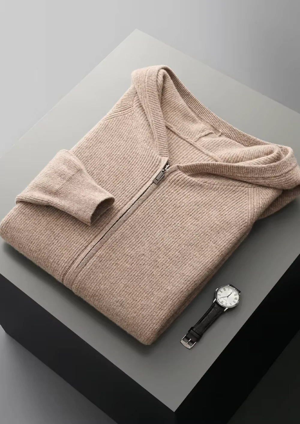 PURE EXTRA-FINE MERINO WOOL RIBBED ZIP HOODIE