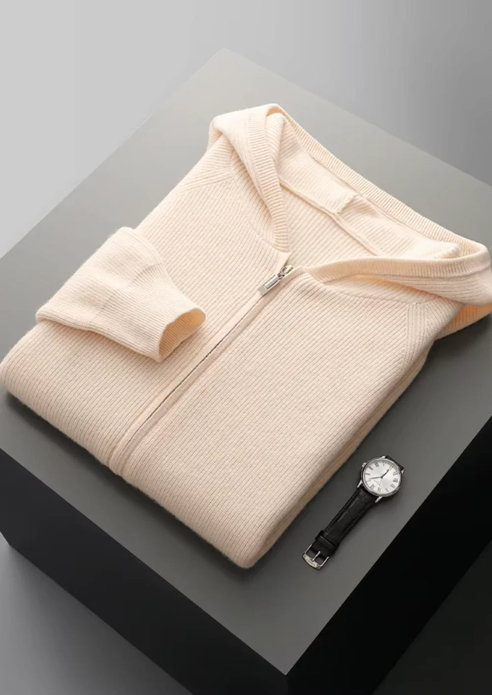 PURE EXTRA-FINE MERINO WOOL RIBBED ZIP HOODIE