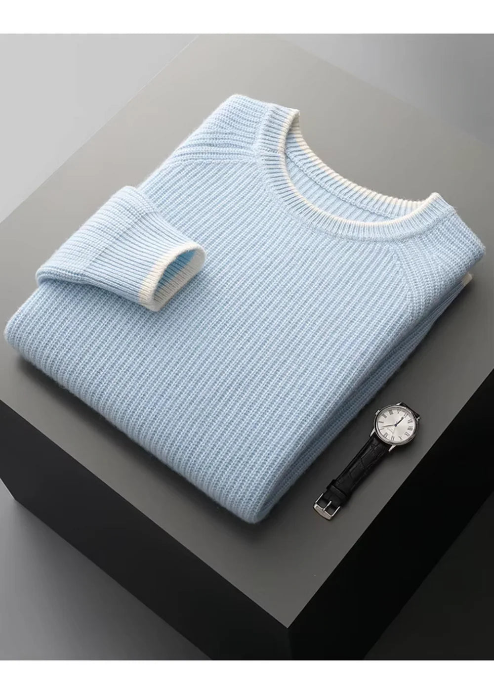 PURE EXTRA-FINE MERINO WOOL TWO TONE CREWNECK