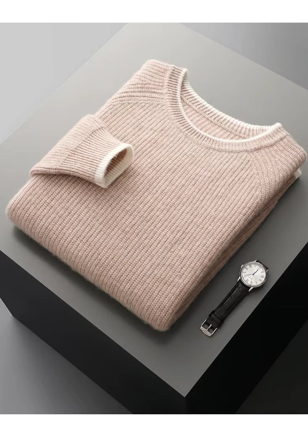 PURE EXTRA-FINE MERINO WOOL TWO TONE CREWNECK