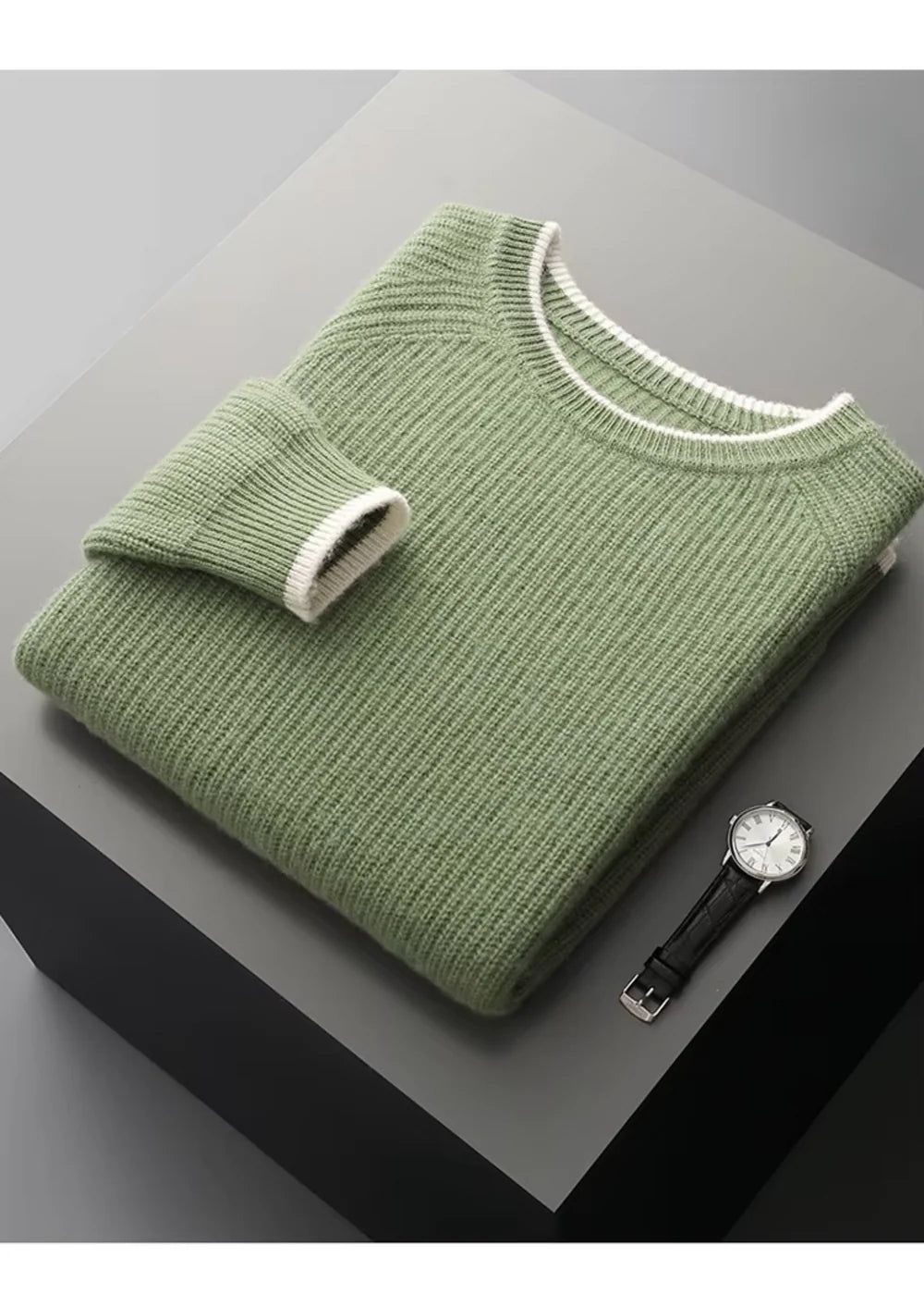 PURE EXTRA-FINE MERINO WOOL TWO TONE CREWNECK