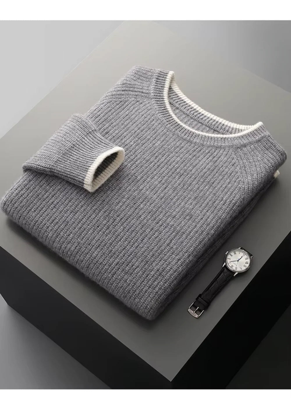 PURE EXTRA-FINE MERINO WOOL TWO TONE CREWNECK