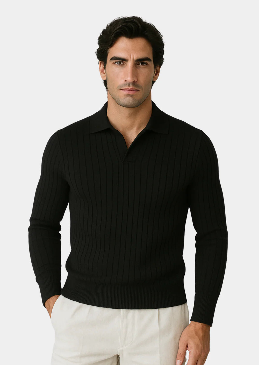 BLACK BUTTONLESS RIBBED POLO