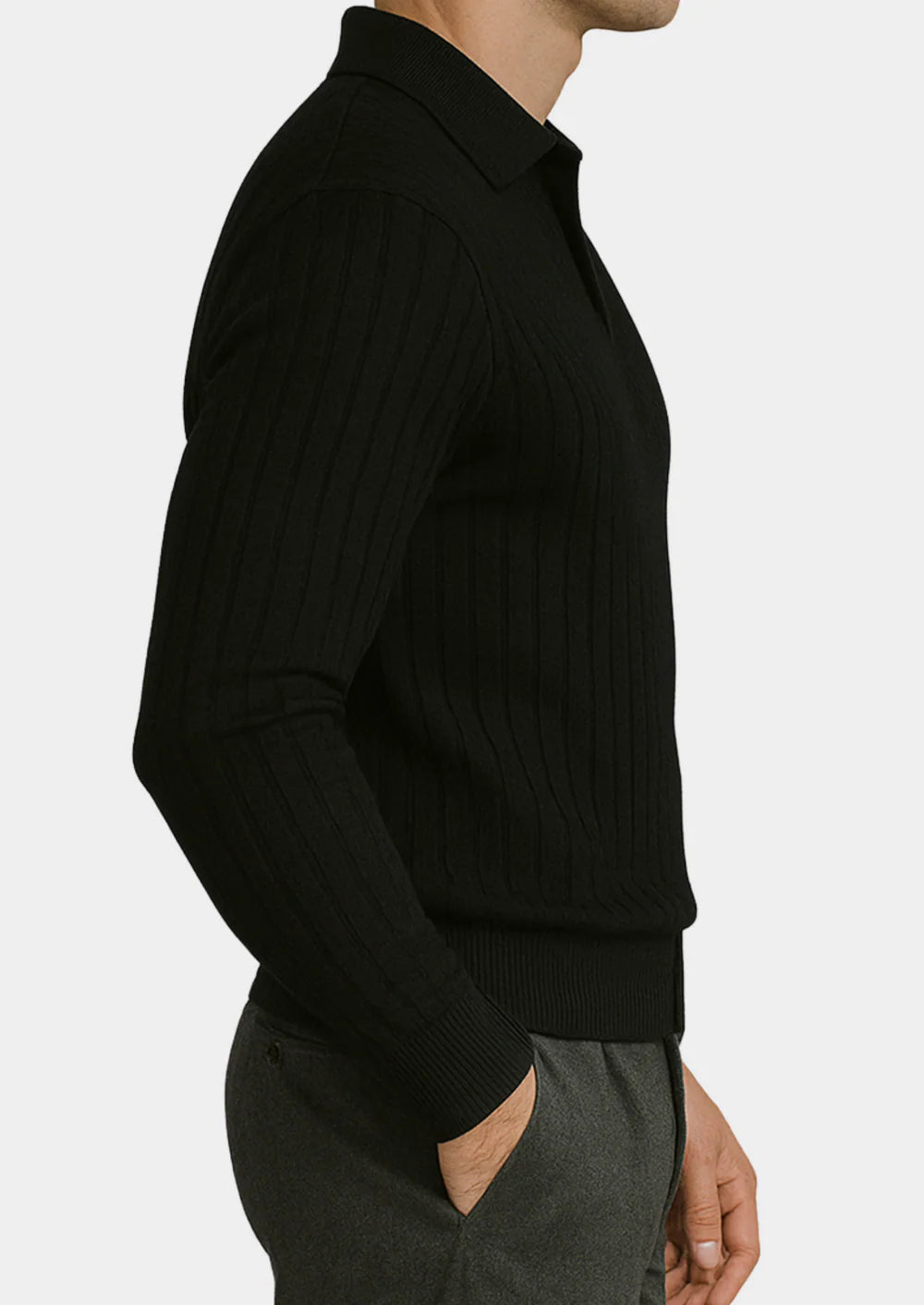 BLACK BUTTONLESS RIBBED POLO