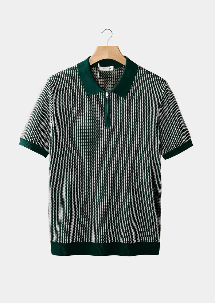 GREEN GEOMETRIC TEXTURED ZIPPER POLO