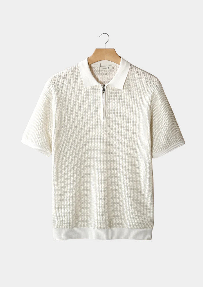 WHITE GEOMETRIC TEXTURED ZIPPER POLO