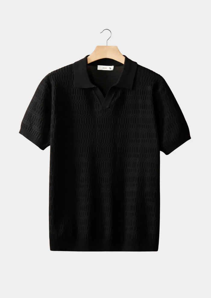 BLACK PATTERNED KNIT BUTTONLESS POLO