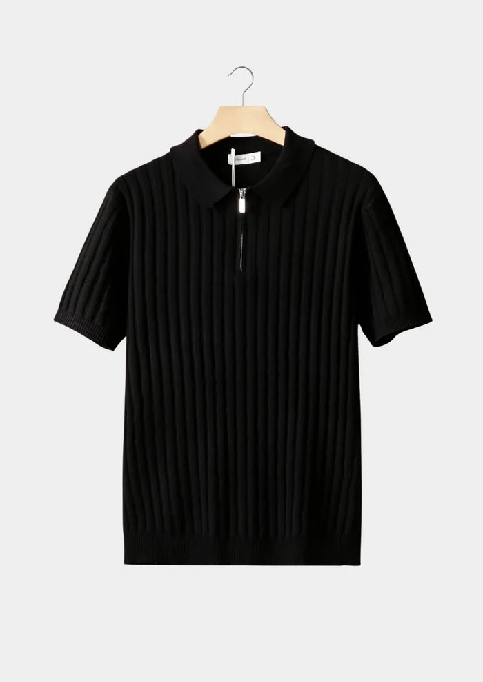 BLACK RIBBED ZIPPER POLO