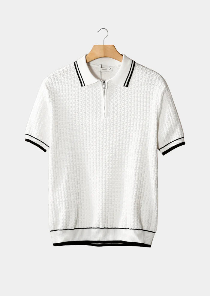 WHITE WAVY TEXTURED ZIPPER POLO