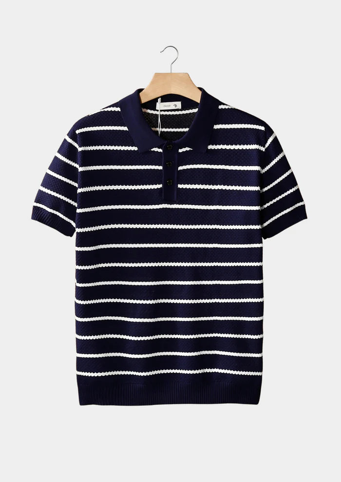 NAVY STRIPED TEXTURED BUTTON POLO