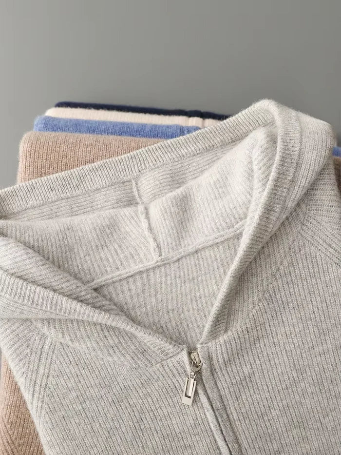 Geribbelde hoodie met rits van zuivere extra fijne merinowol